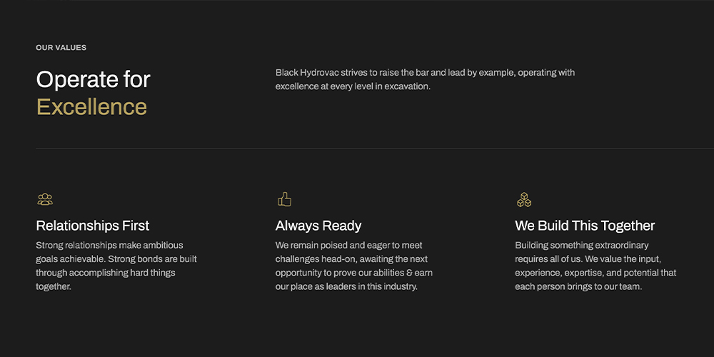 Dark-themed page showing four company values with brief descriptions.