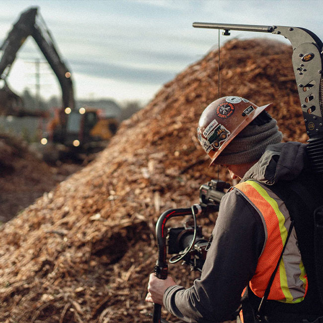 Worker films construction site with wood chips and excavator.