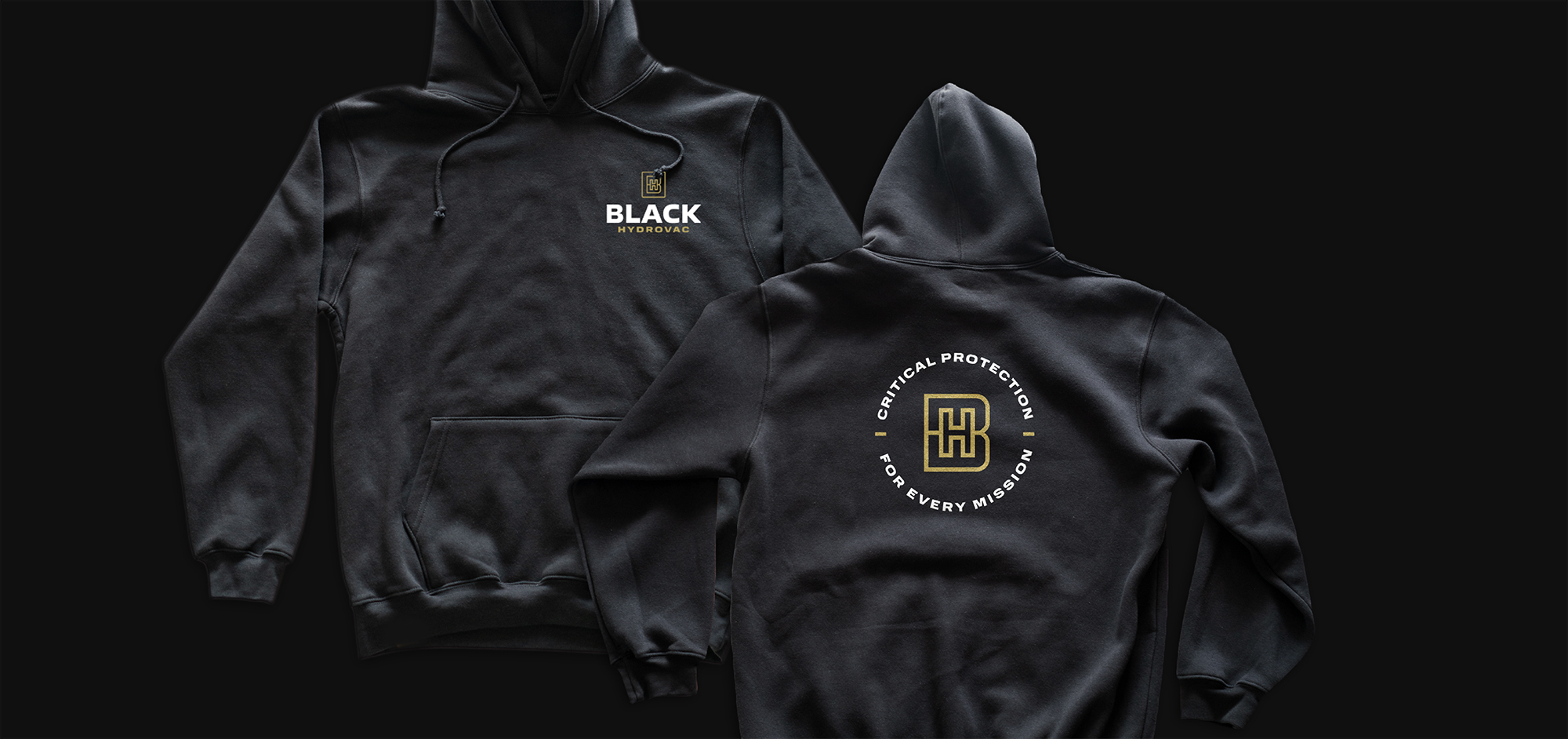 Two black hoodies; front has BLACK HYDROGEN logo, back shows emblem.