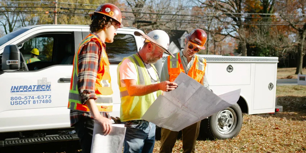 Three construction workers study blueprints by a white utility truck.