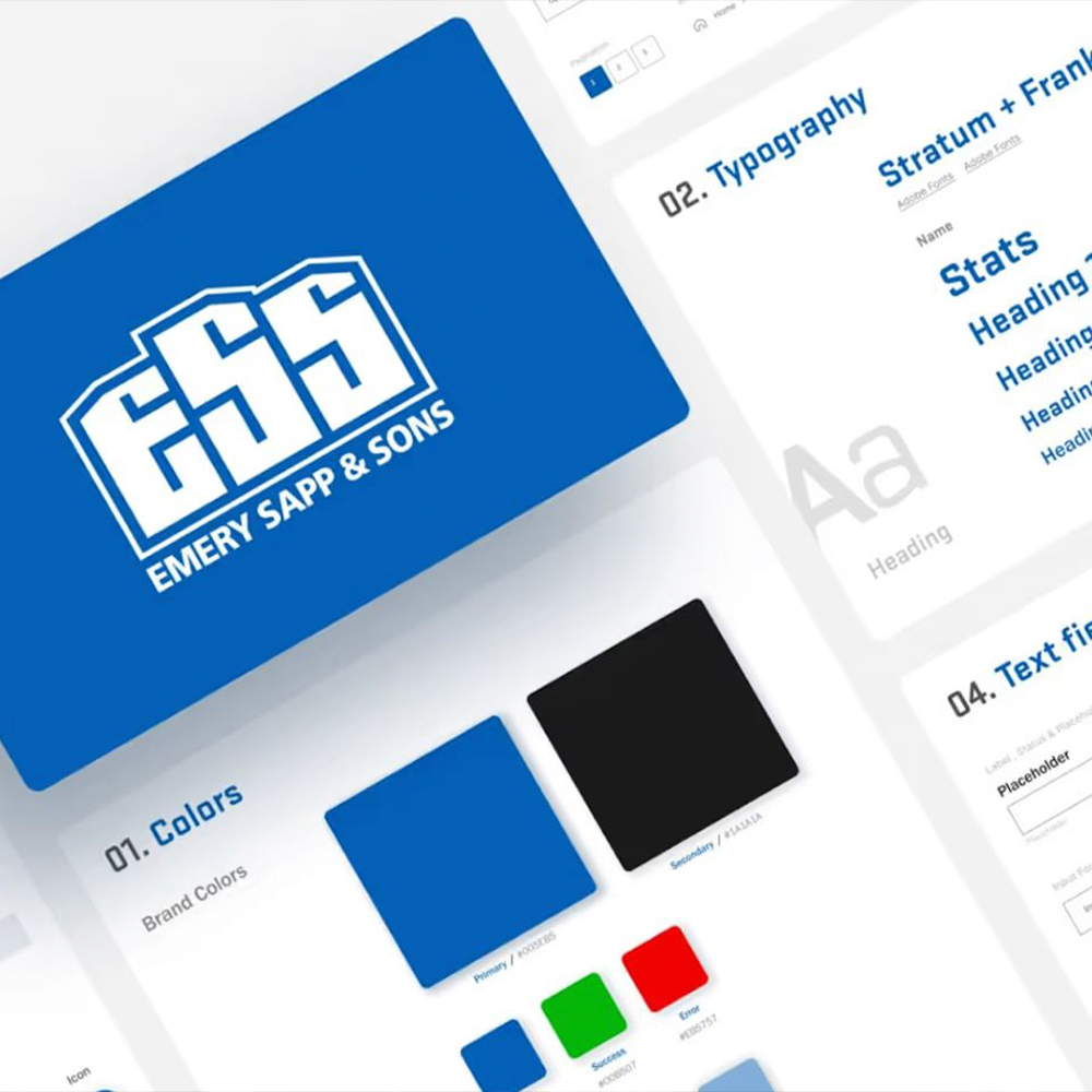 Emery Sapp & Sons brand guide with logo, colors, and fonts.
