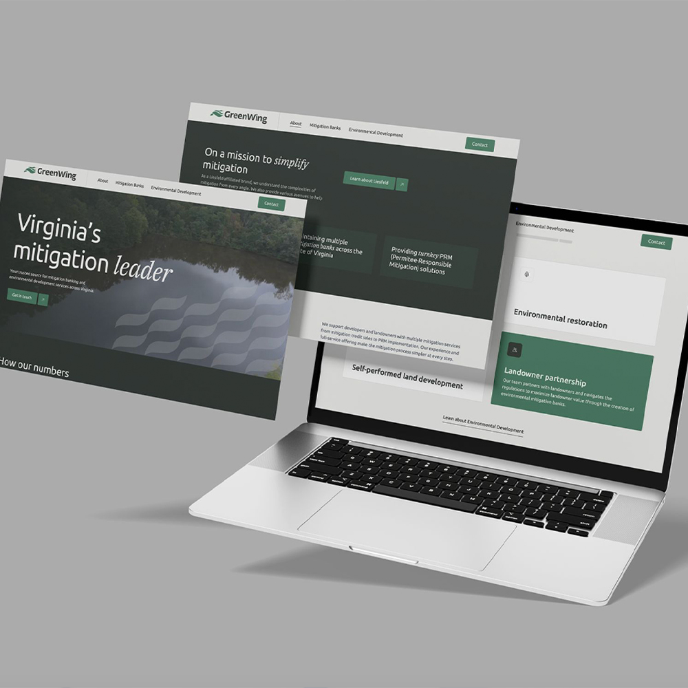 Laptop shows GreenWing website with floating interface mockups.