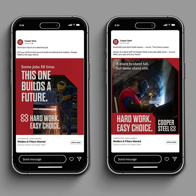 Two phones show Cooper Steel welding job ads and slogans.