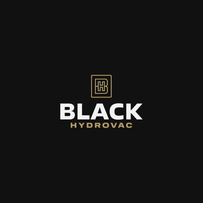 Black Hydrovac logo: gold BH emblem and text on black.