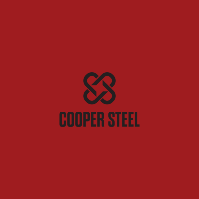 Black geometric logo over bold COOPER STEEL text on red.