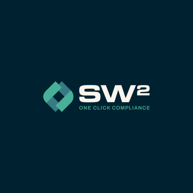 SW² logo, green geometric icon, “One Click Compliance” tagline on dark.