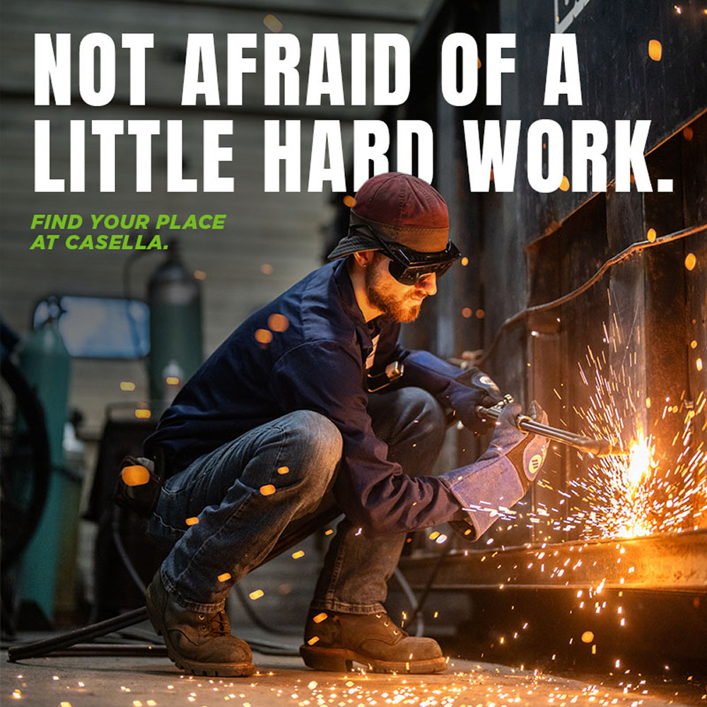 Worker welding in safety gear with sparks and bold text: Not afraid of hard work. Find your place at Casella.