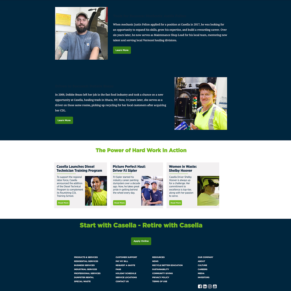 Screenshot of company page with stories, photos, info, green buttons.