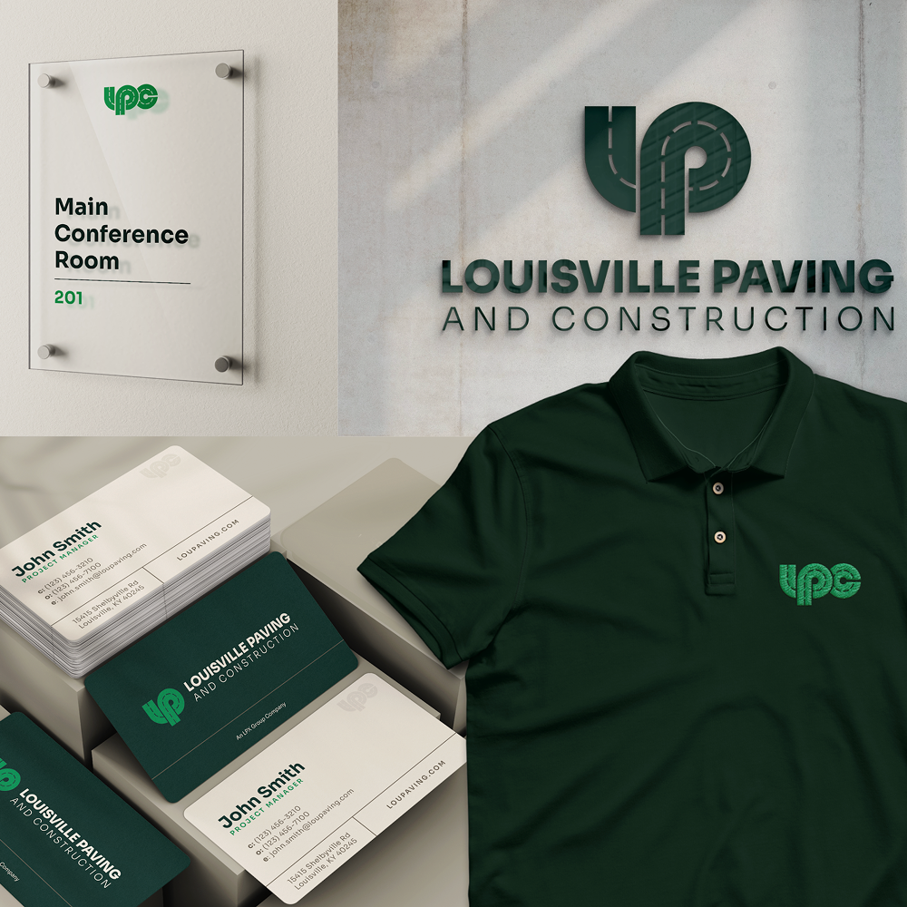 Louisville Paving branding: logo wall, business cards, sign, polo.