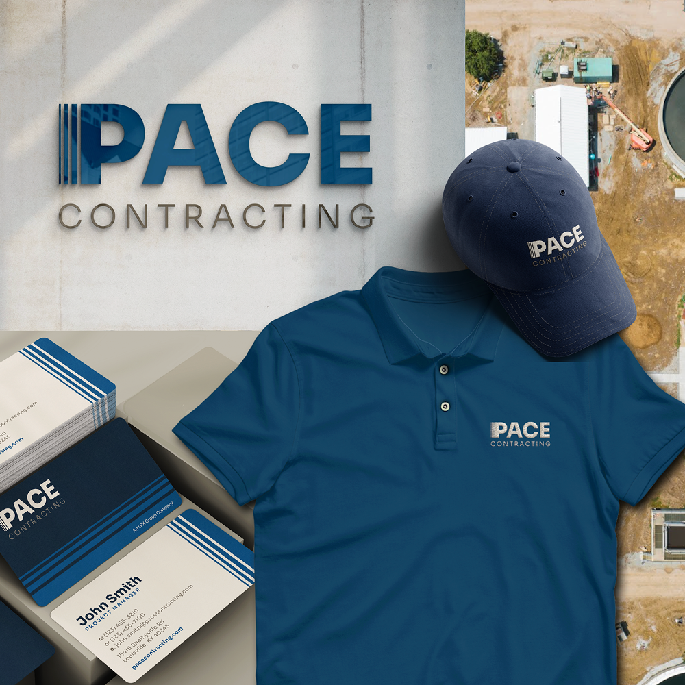 PACE Contracting shirt, cap, cards, and logo on display.