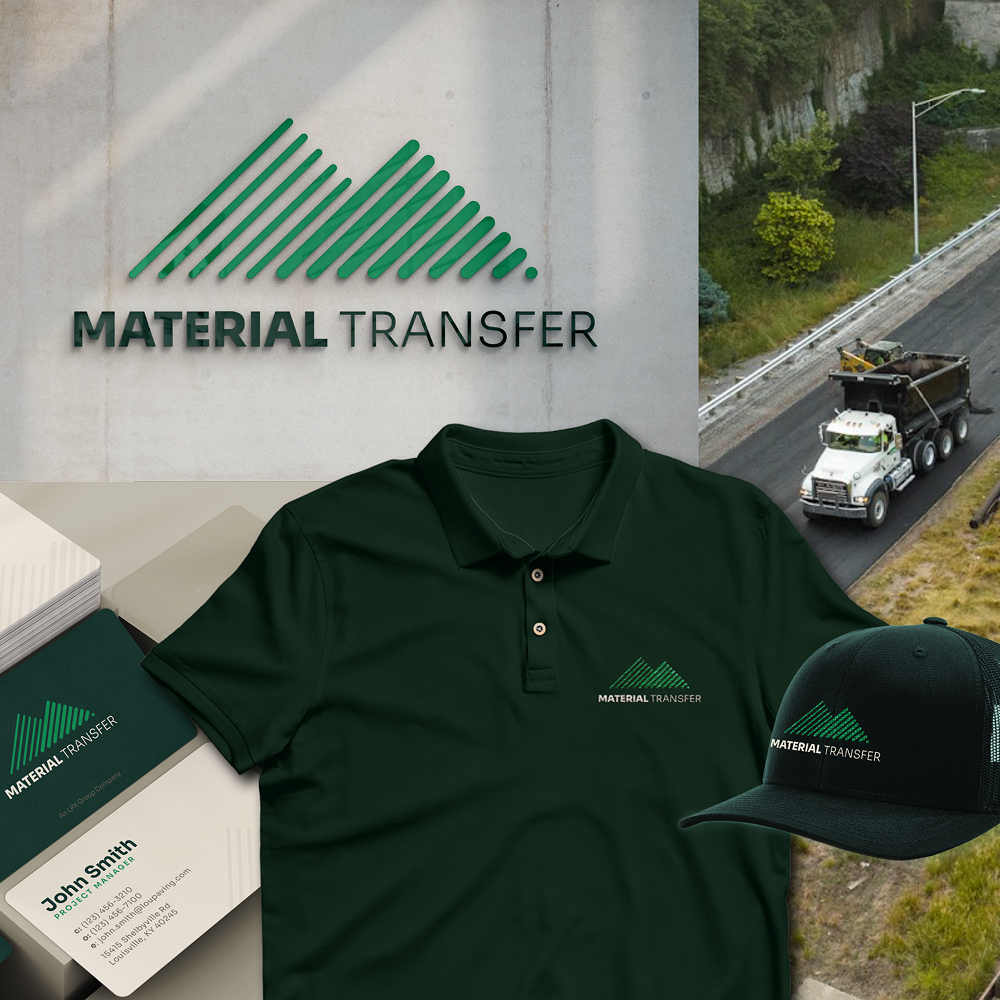 Material Transfer branding on wall, cards, apparel, and truck.