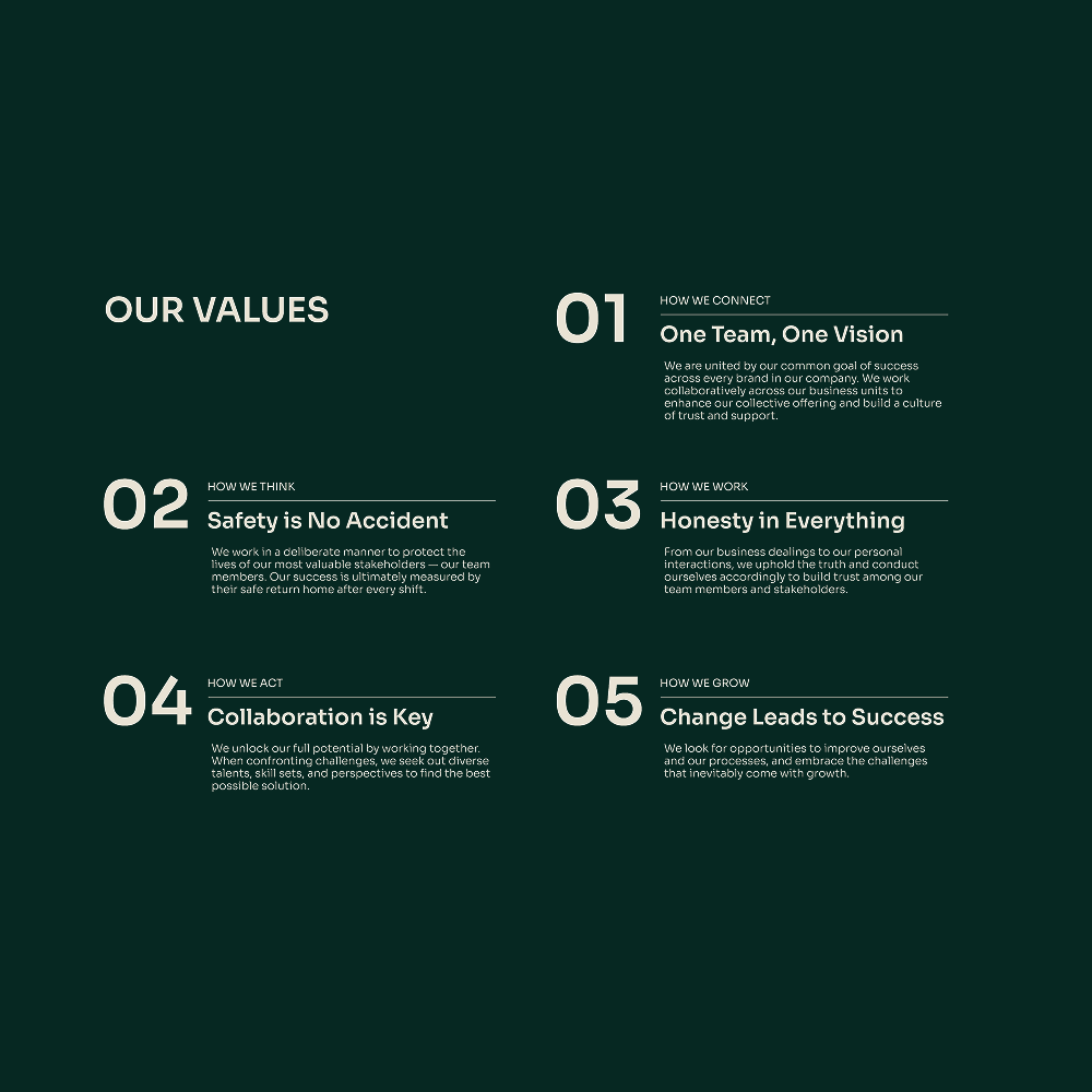 Dark green graphic lists five key company values with summaries.