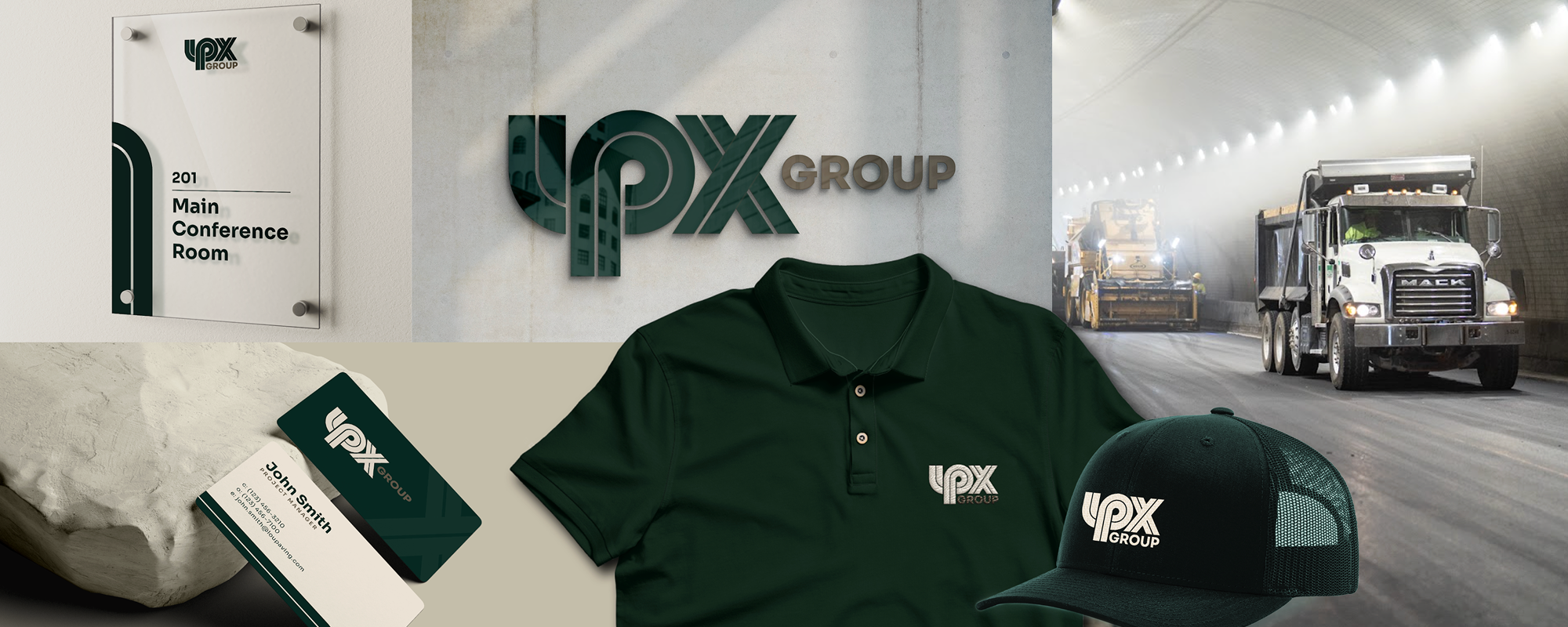 XQX Group branded signs, business cards, apparel, vehicles in tunnel.