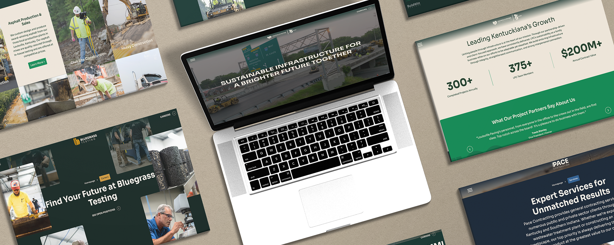 Laptop with green-and-white website and flat screen mockups nearby.