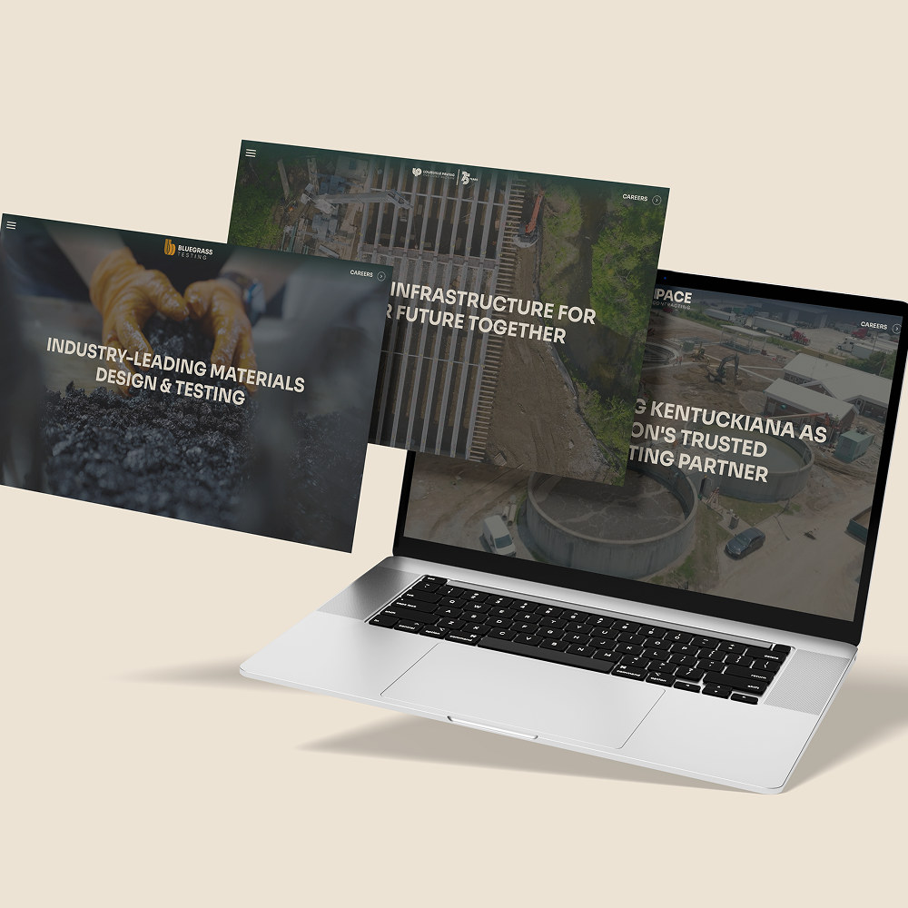 Laptop shows three overlapping websites: construction, testing, infrastructure.