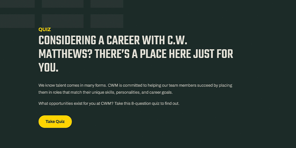 Dark-themed page inviting users to take a C.W. Matthews careers quiz.