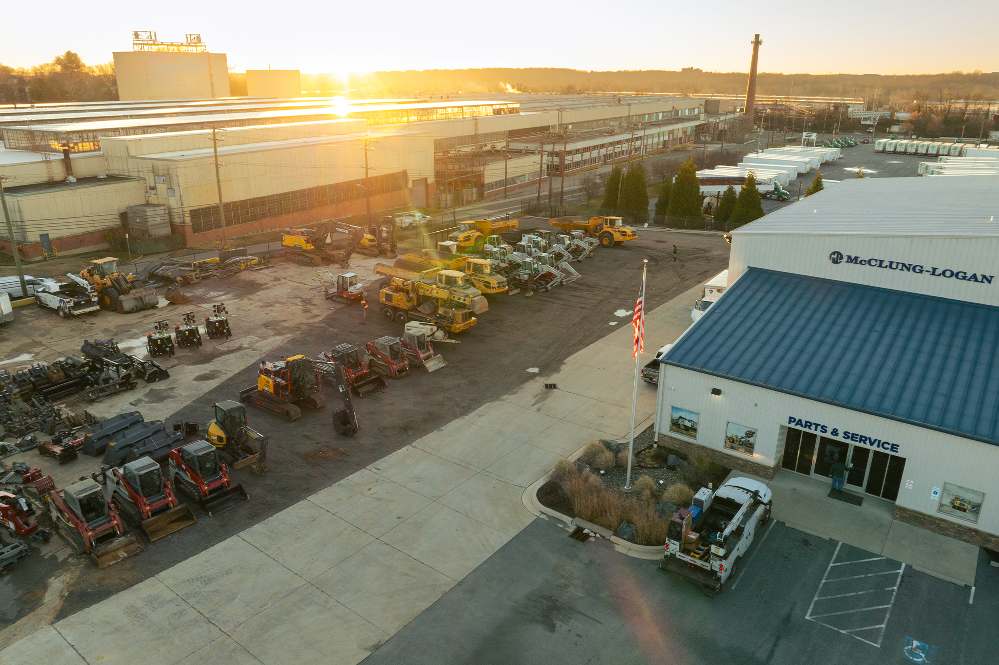 McClung-Logan facility, equipment outside, Parts & Service warehouse.