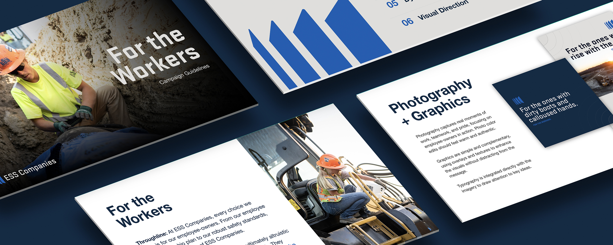 Campaign guidelines collage with workers in safety gear and text.