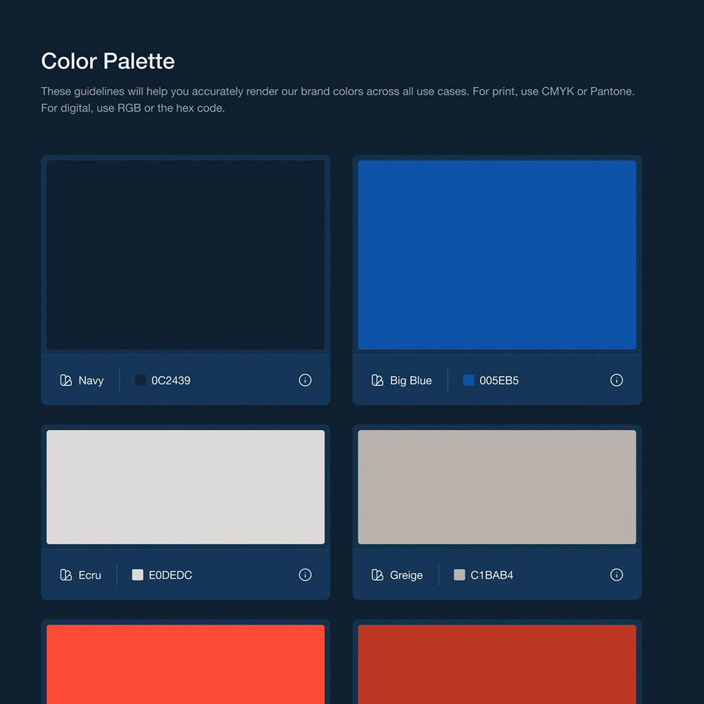Six labeled color swatches on dark blue: Navy, Big Blue, Ecru, Greige, Camel.