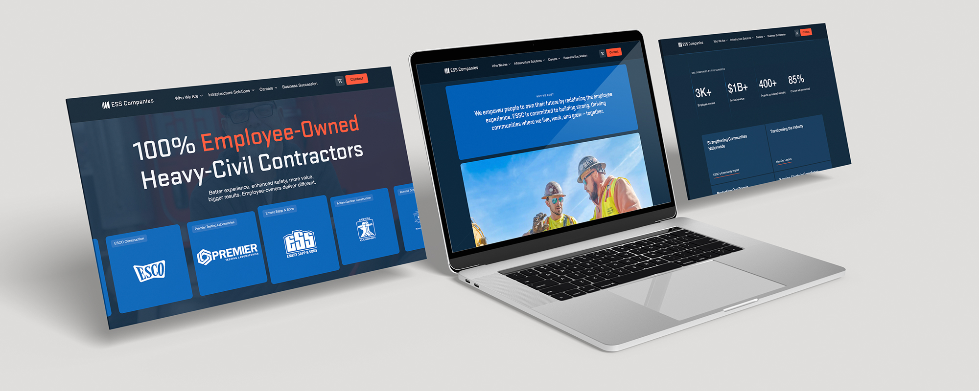 Laptop showing contractor website with two screens beside it.