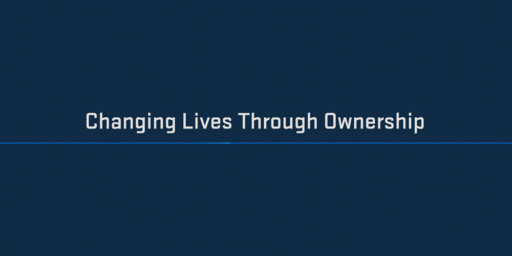 White text on dark blue reads: Changing Lives Through Ownership.