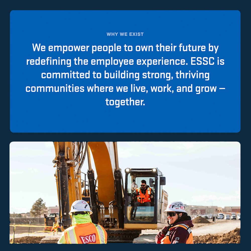 Mission statement above construction workers and equipment at worksite.