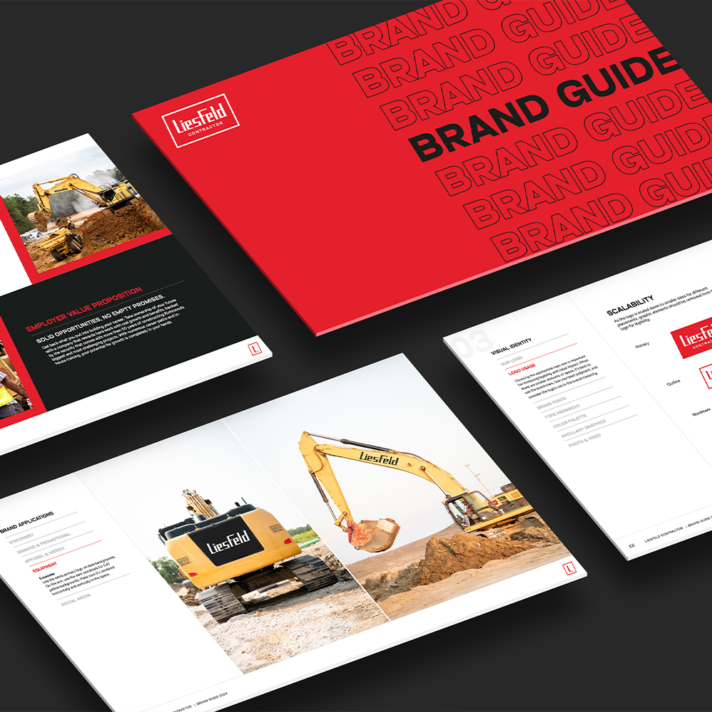 Branding guide with red cover, equipment photos, black background.