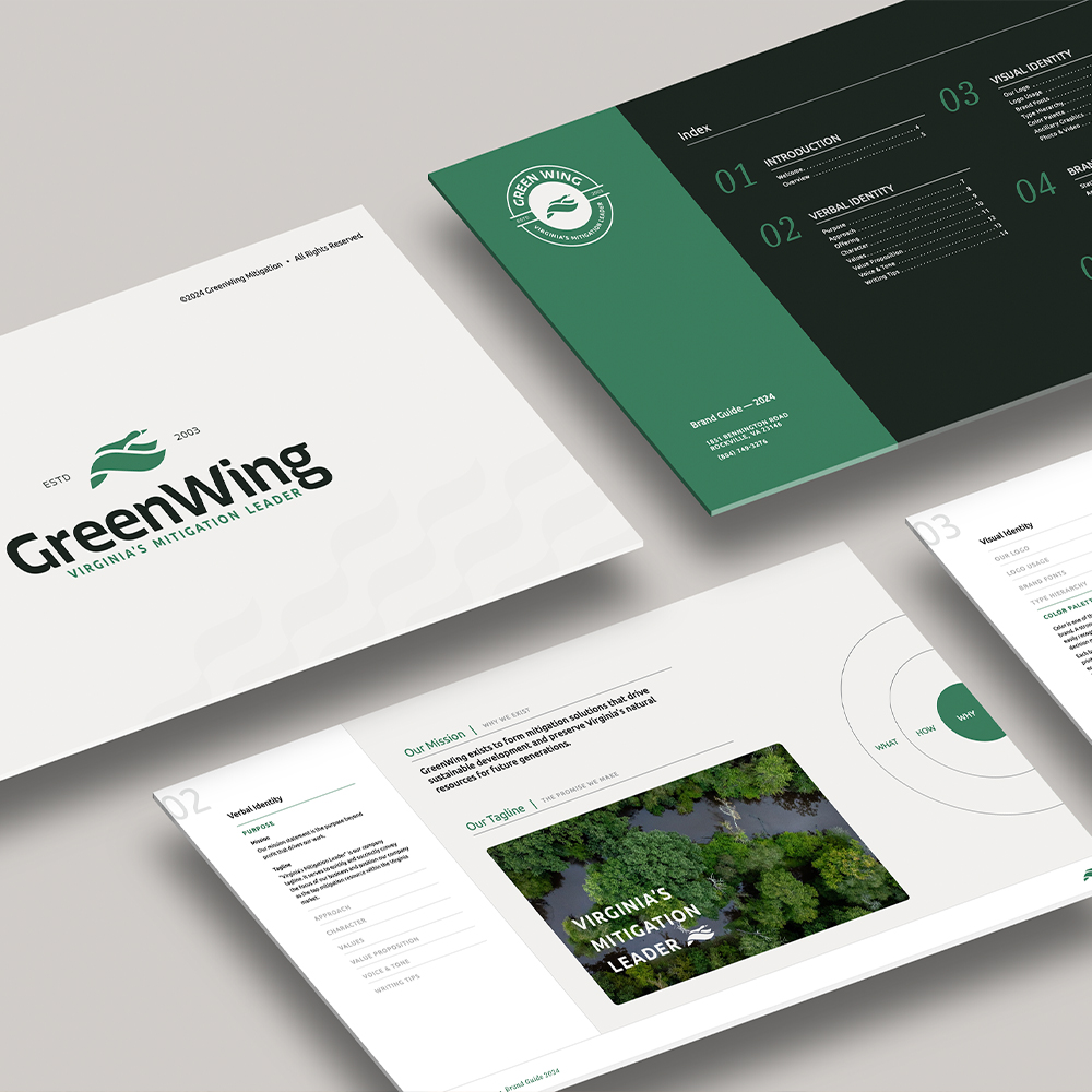 GreenWing branding: logos, colors, mission, and website mockup.