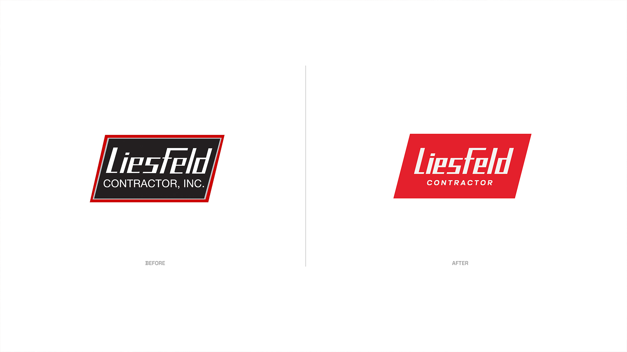 Old and new Liesfeld Contractor logos on black and red backgrounds.