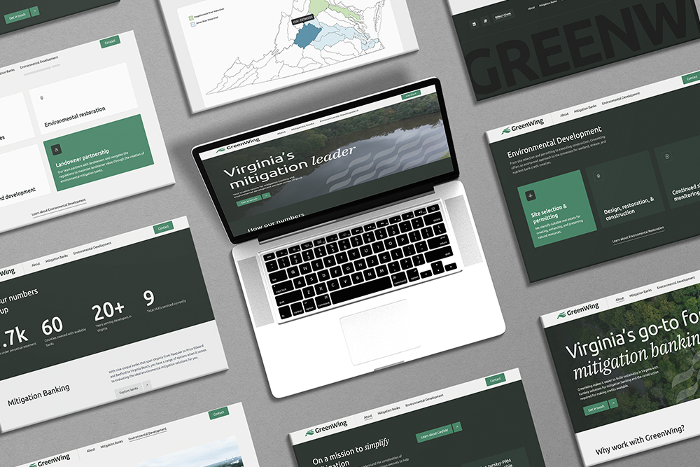 Laptop with green-themed website mockups on mitigation banking.
