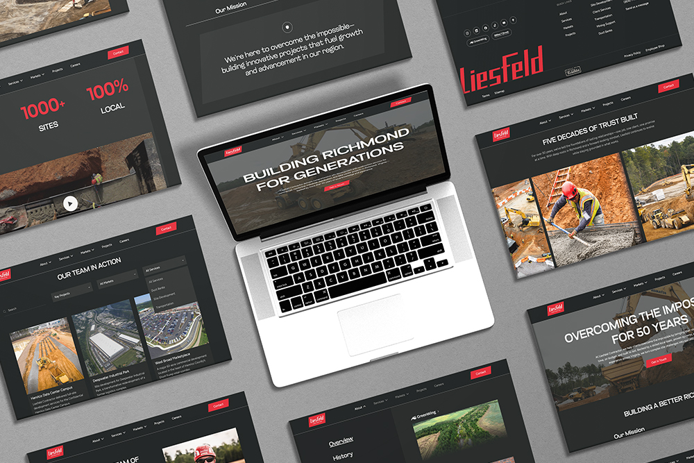 Laptop and screens show construction-themed websites with dark backgrounds.